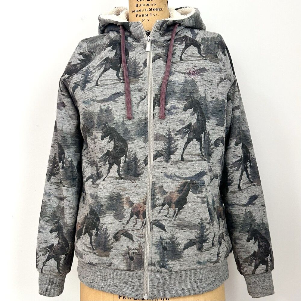 Ariat Sherpa Lined Hoodie Jacket Horse Print Western Zip Up Womens M